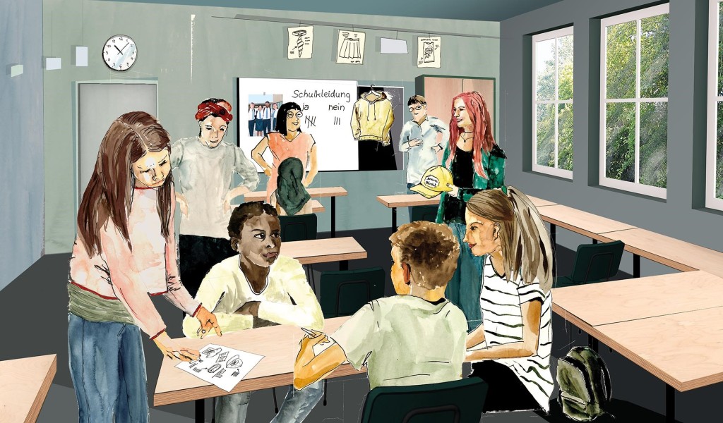Grafik mit Schüler*innen, die an Tischen und an einer Tafel diskutieren.
