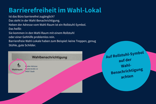 Auf dem Bild ist beschrieben, wie man barrierefrei zugängliche Wahllokale erkennt.