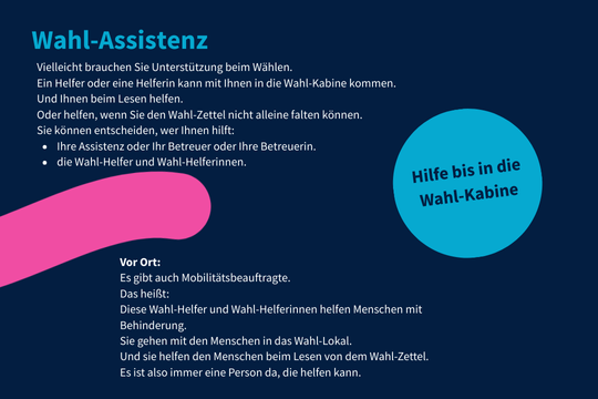 Auf dem Bild wird erklärt, wie eine Wahlassistenz bei der Wahl helfen kann.